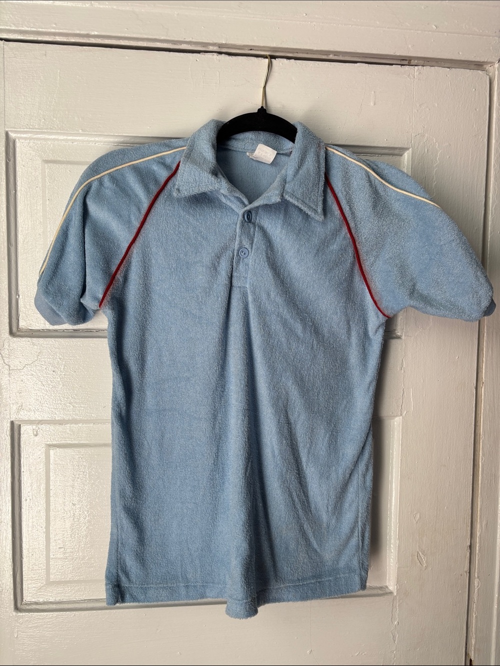 Kids Vintage 70s Terrycloth Polo Shirt in Light Blue with Red Trim